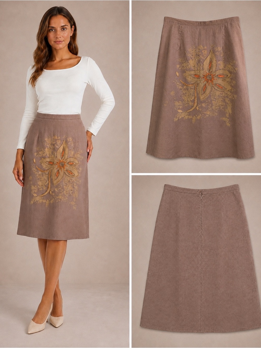 Lynda’s New York Linen Beaded Splatter Midi Skirt Size L Brown Boho Artisan